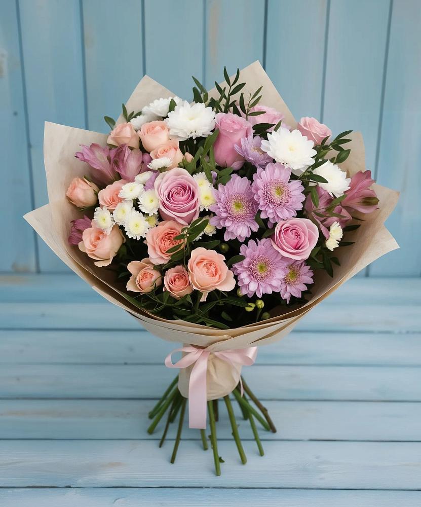 Букет цветов из: Хризантемы, Розы и Альстромерии в Селиваниху