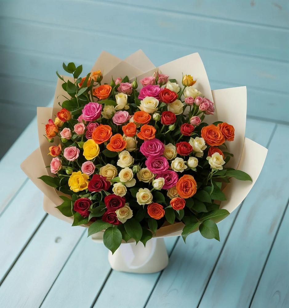 Букет Микс из разноцветных кустовых роз в Селиваниху