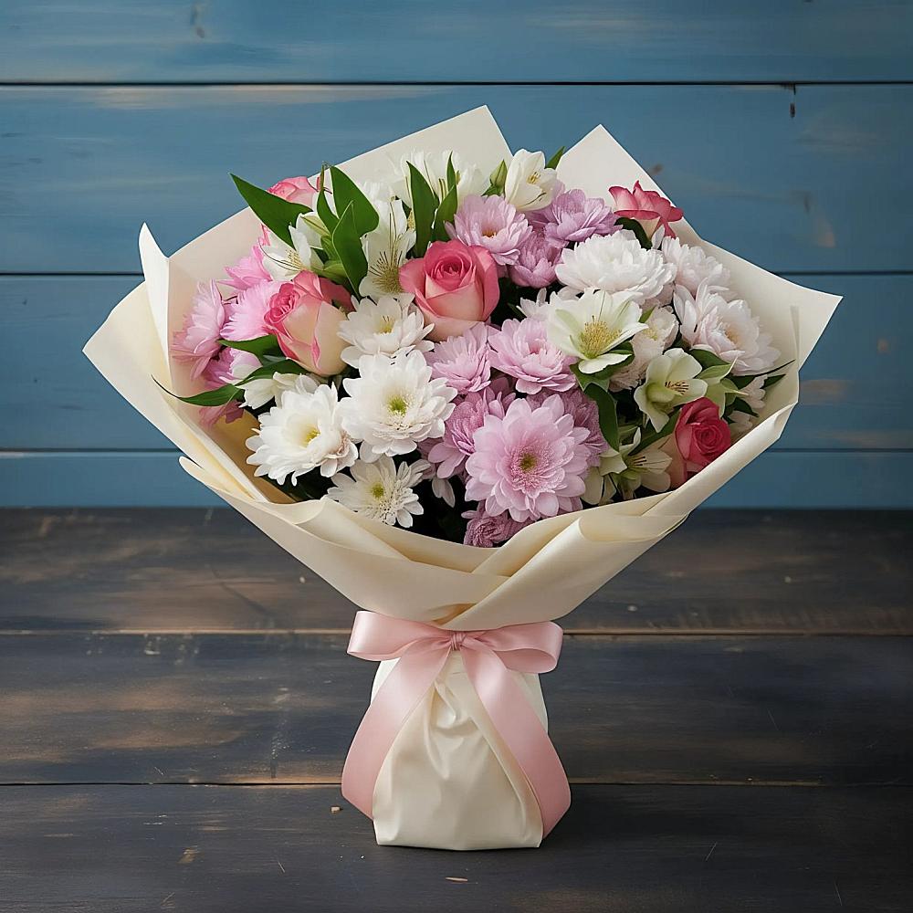 Букет цветов из: Хризантемы, Альстромерии и Розы в Селиваниху